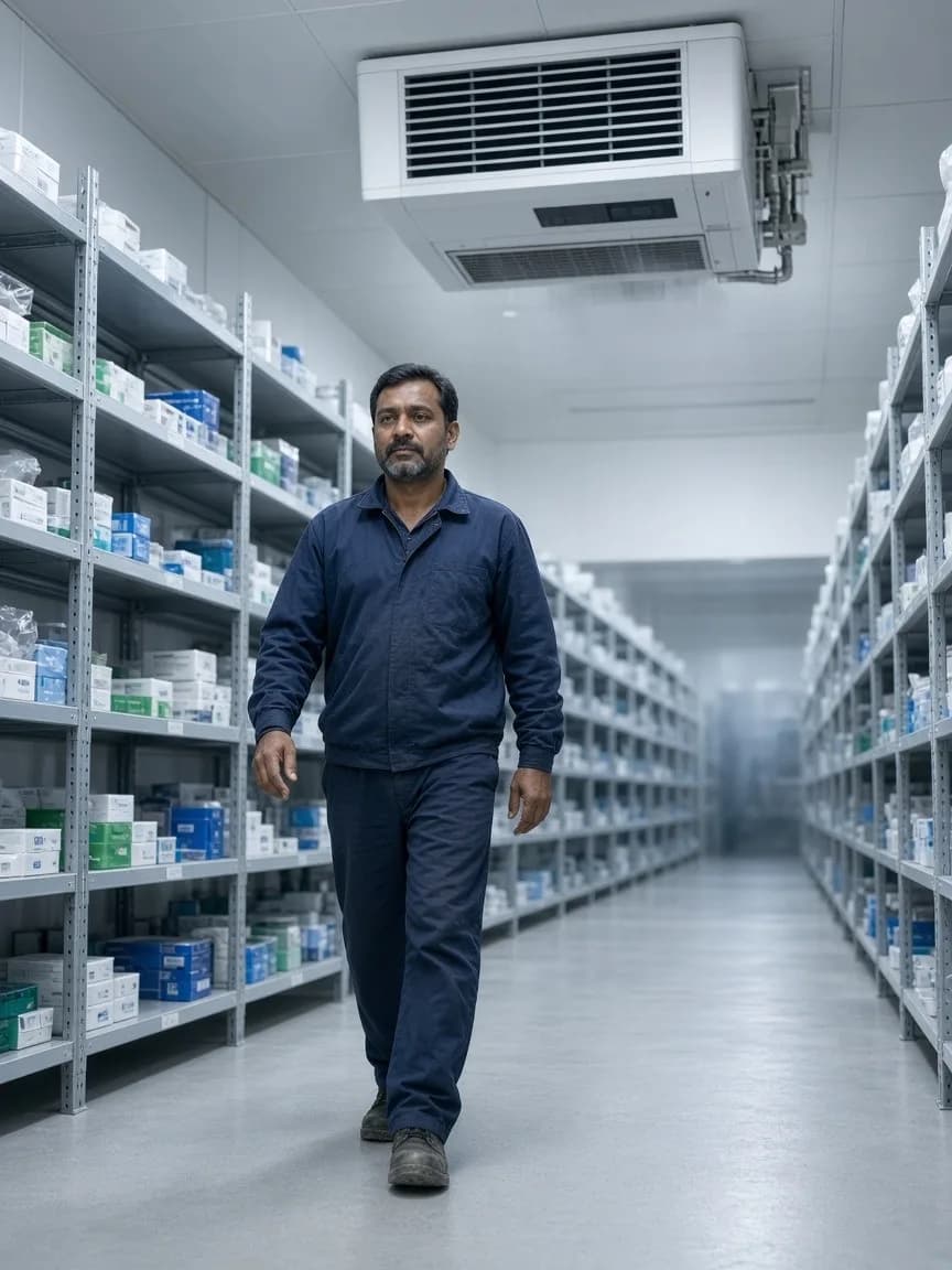 A worker walking a tall bright aisle with gaps between pharmaceutical racks