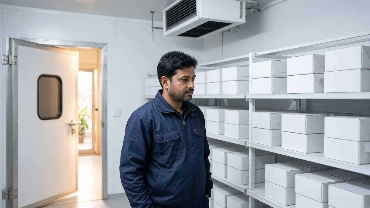 A technician beside medicine shelves and a ceiling evaporator in a bright cold room
