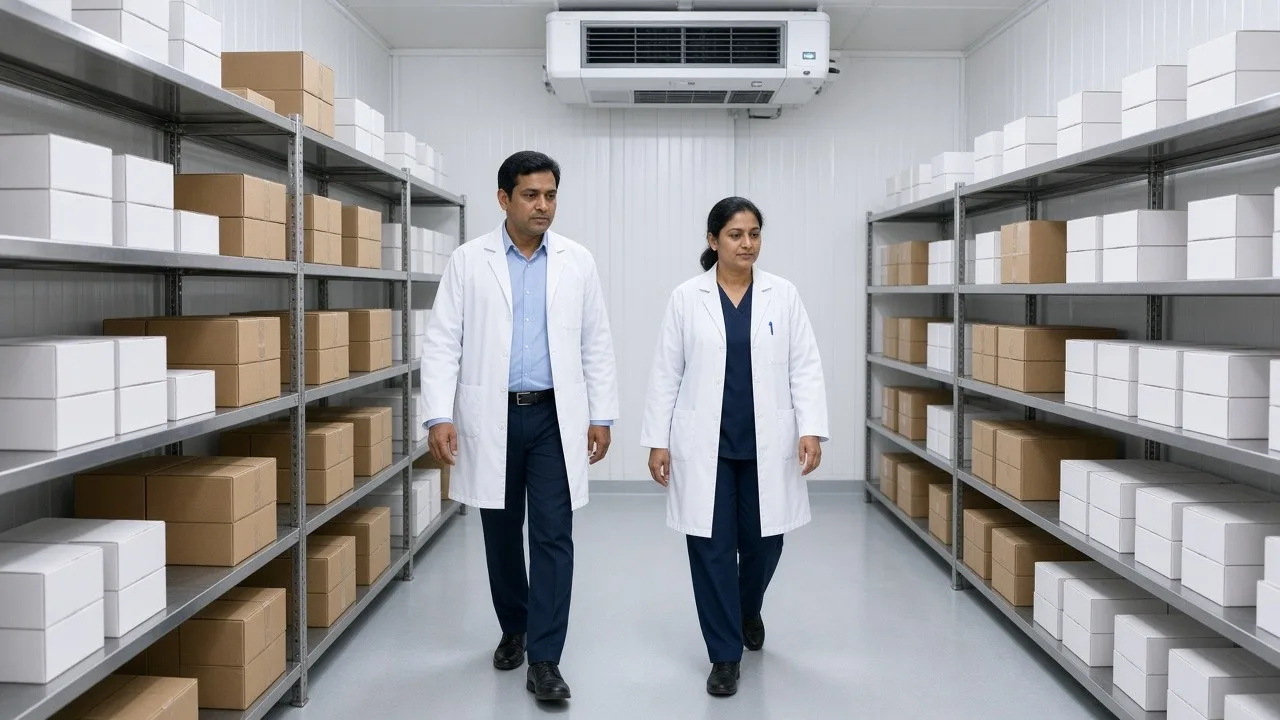 Workers among medicine shelves inside a bright pharmaceutical cold room