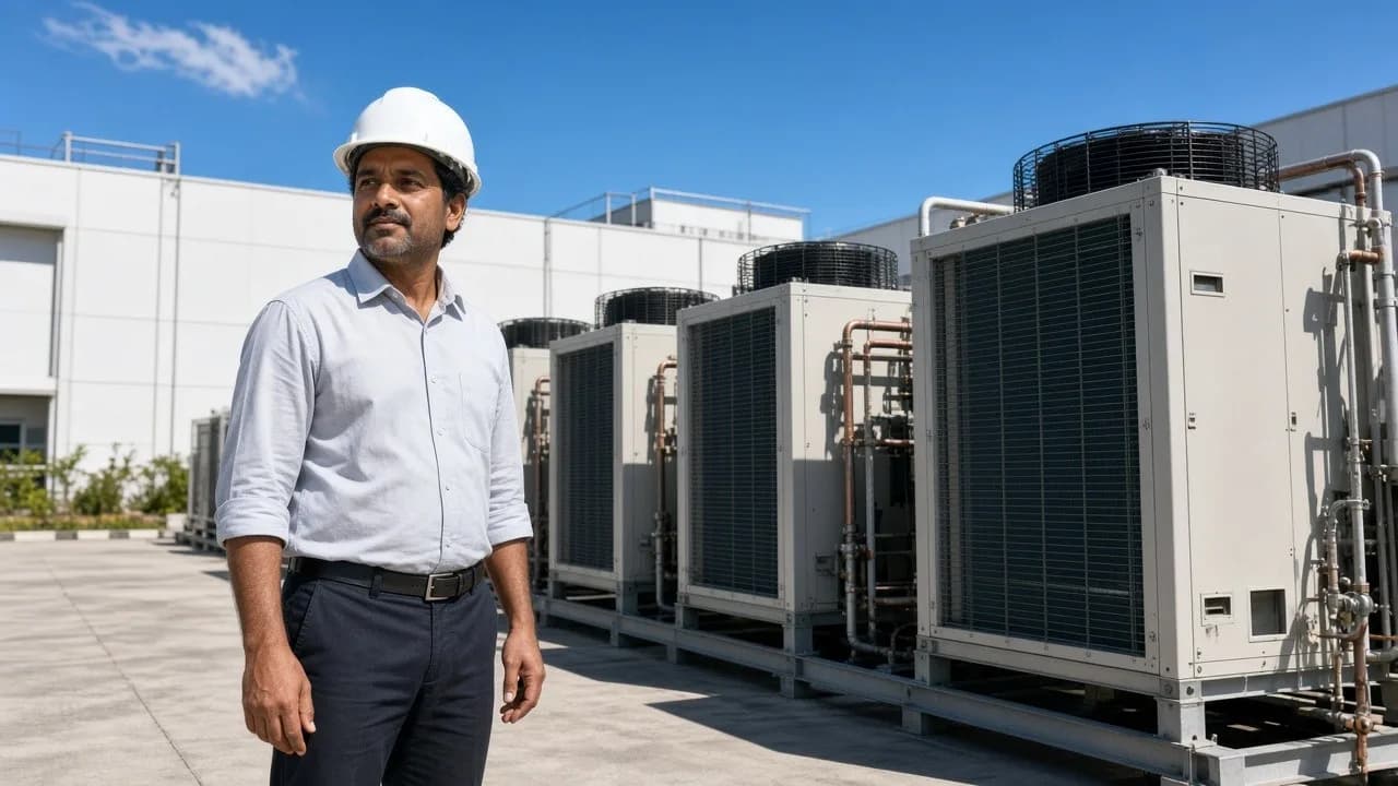 An engineer beside outdoor refrigeration plant at a pharmaceutical facility under a bright hot sky