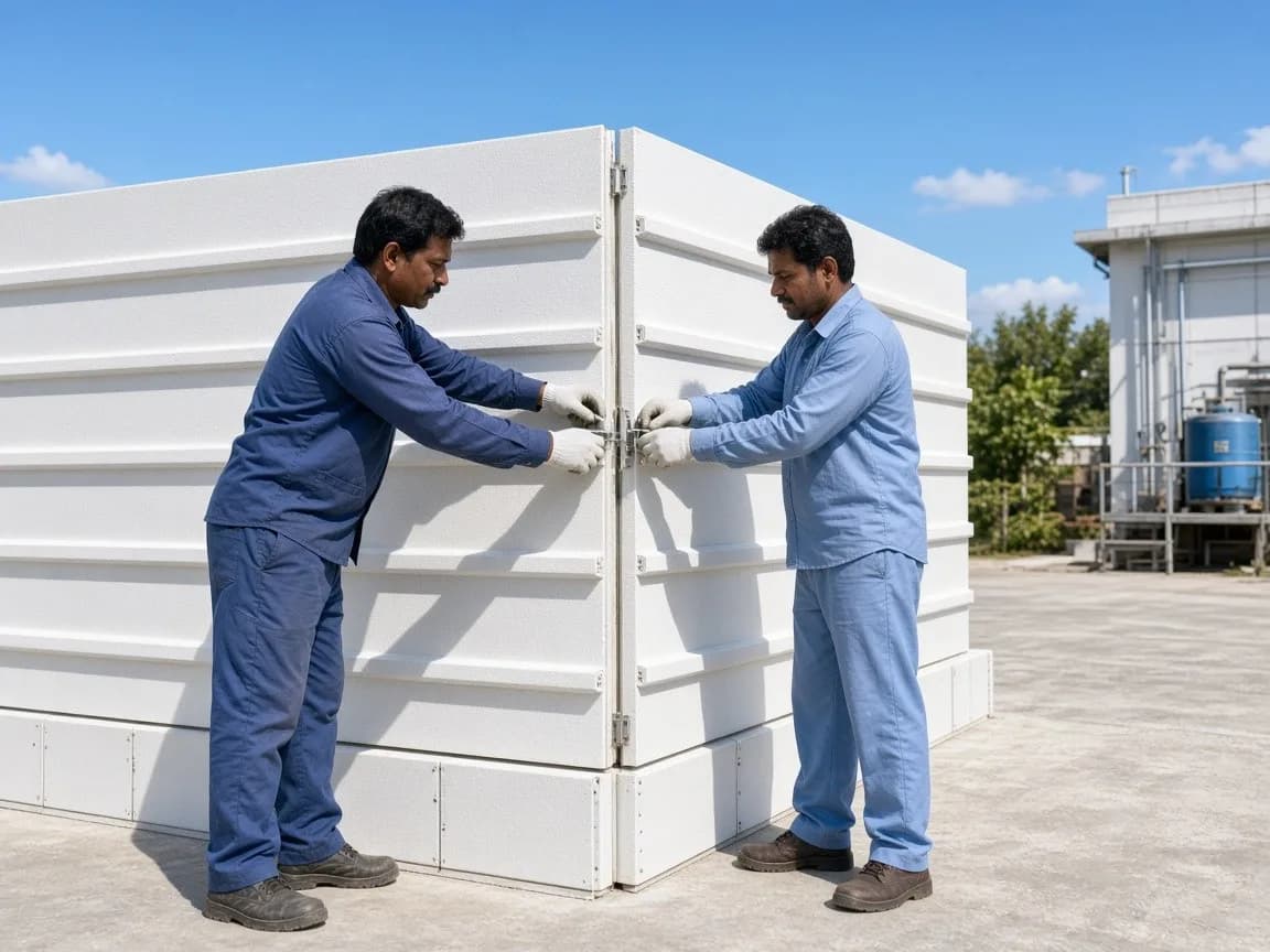 Two workers locking white insulated panels at a sunny pharmaceutical plant