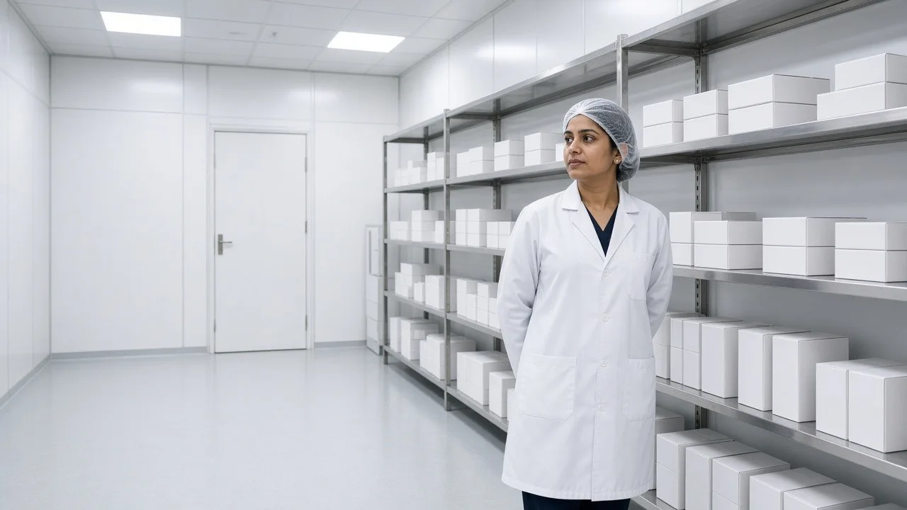 A pharmacist beside unmarked medicine cartons in a bright pharmaceutical cold room