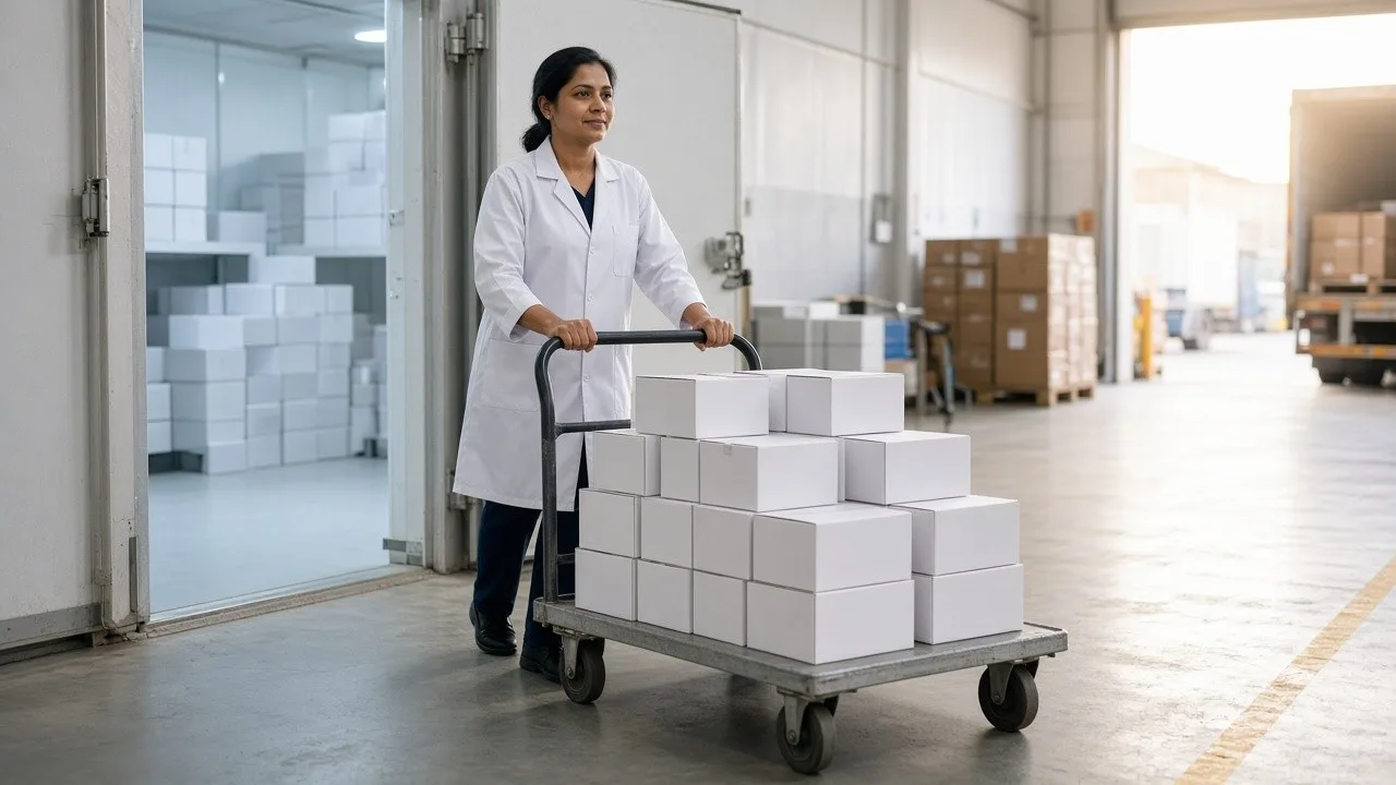Workers moving medicine cartons from a cold room toward a bright loading dock