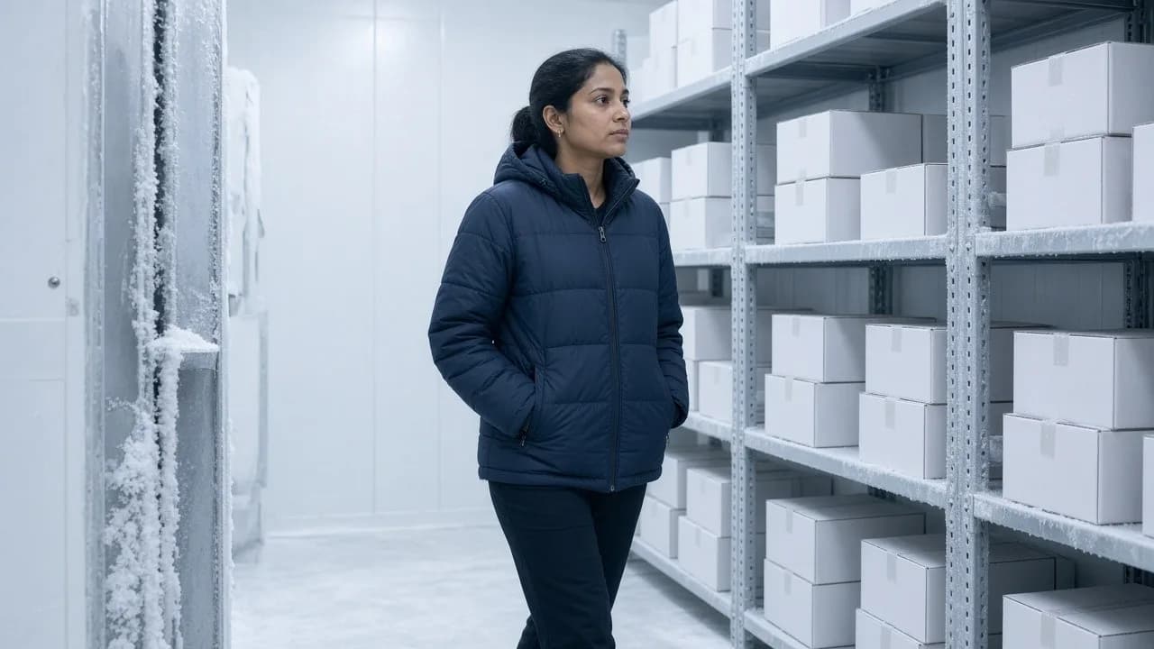 A technician in a bright healthcare freezer aisle of plain cartons