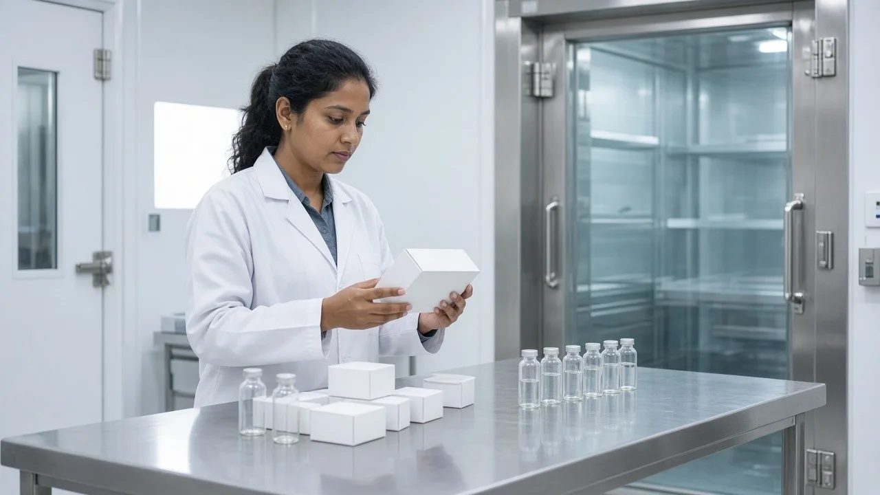 A pharmacist checking plain medicine cartons on a bright inspection table