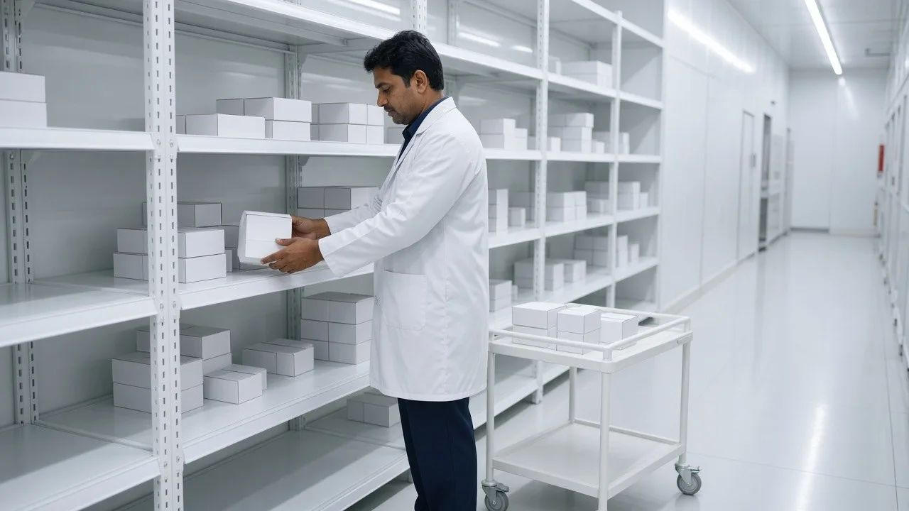 A picker selecting medicine cartons from a bright refrigerated rack
