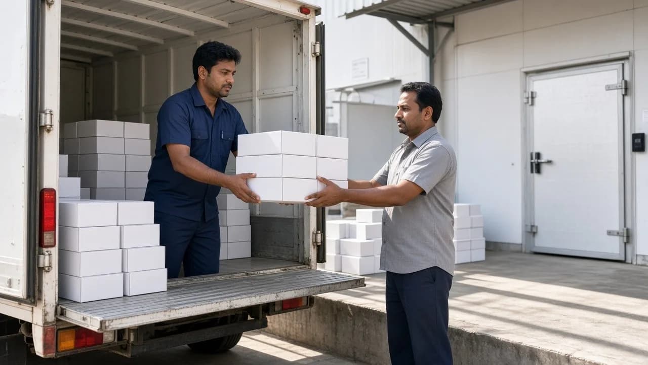 Workers receiving unmarked medicine cartons at a bright pharmaceutical loading dock