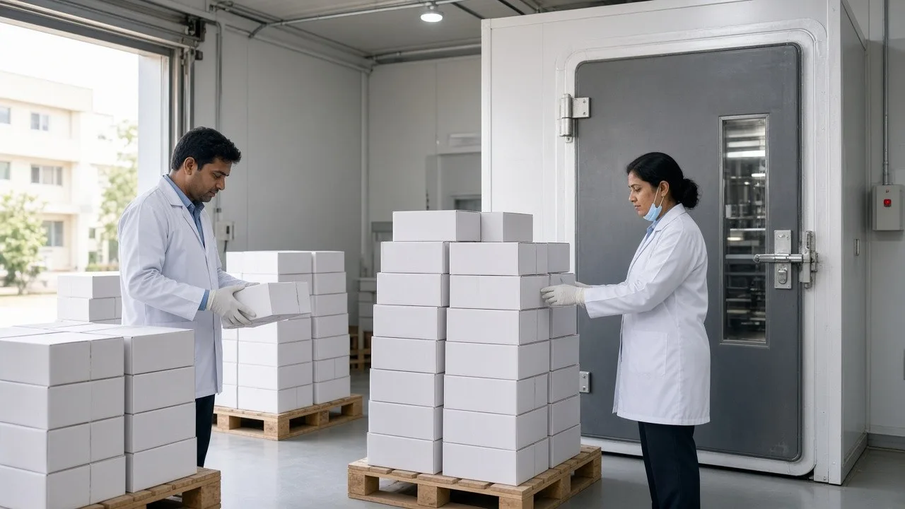 Workers staging pallets of plain healthcare cartons beside a cold room door