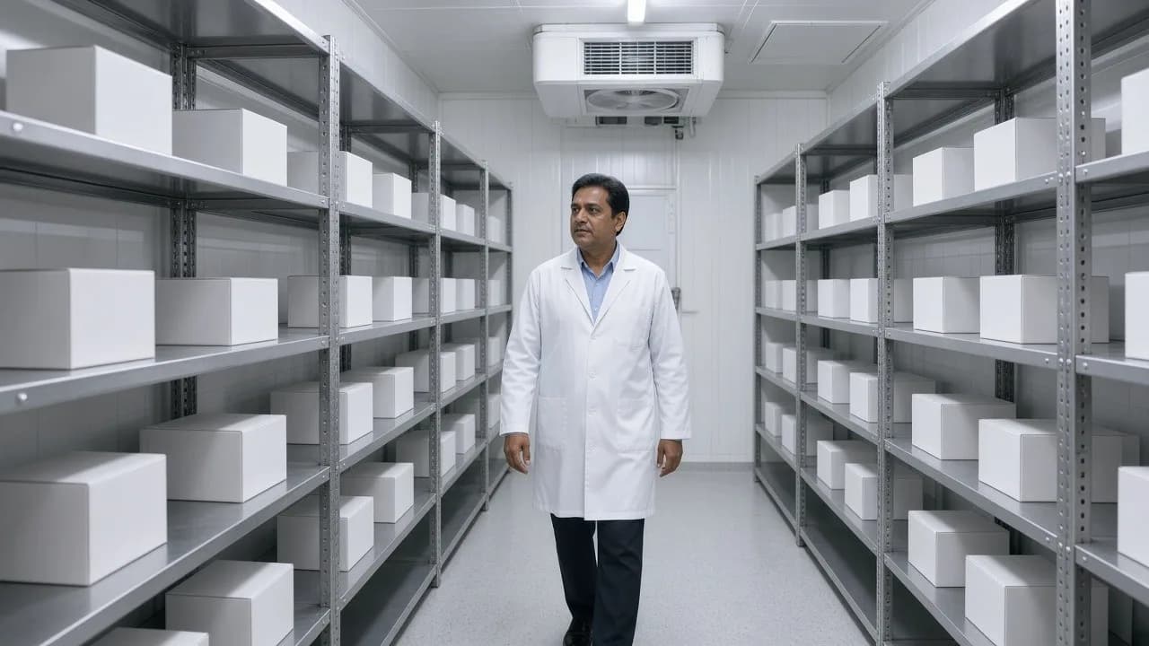 A worker among organised medicine shelves in a bright pharmaceutical cold room