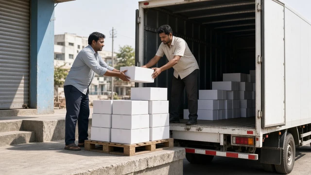 Workers loading plain medicine cartons into a white refrigerated truck