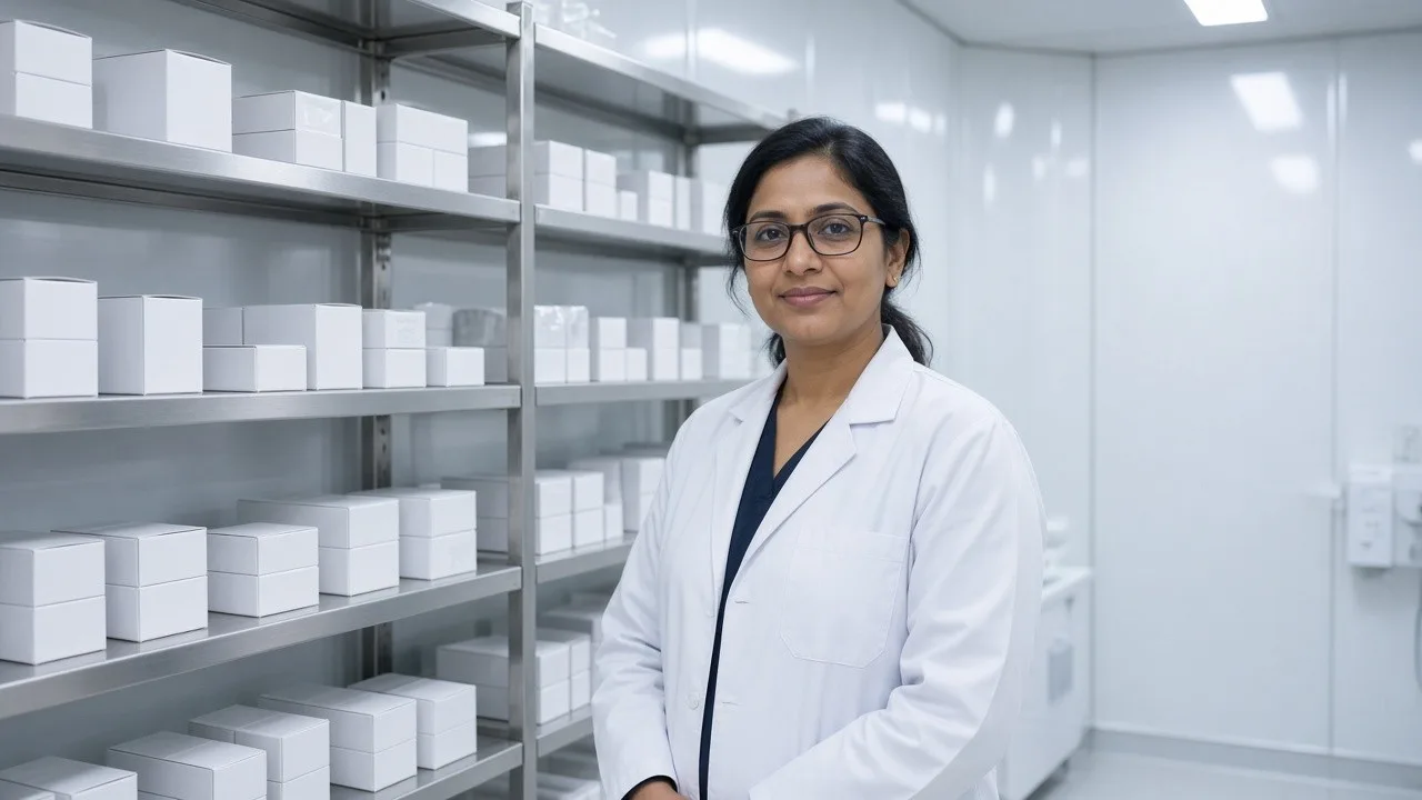 A pharmacist with unmarked medicine cartons in a bright cold room