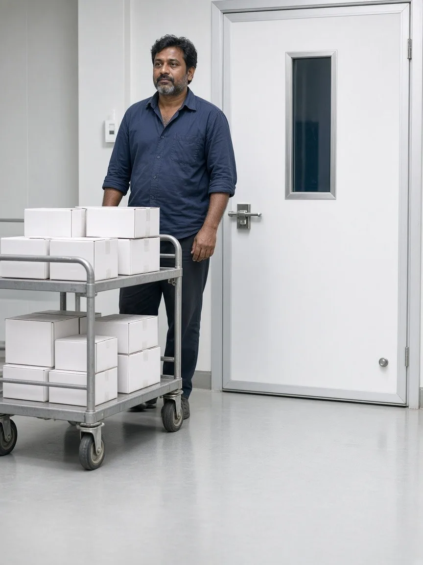 A worker with medicine cartons waiting at a pharmaceutical cold room door