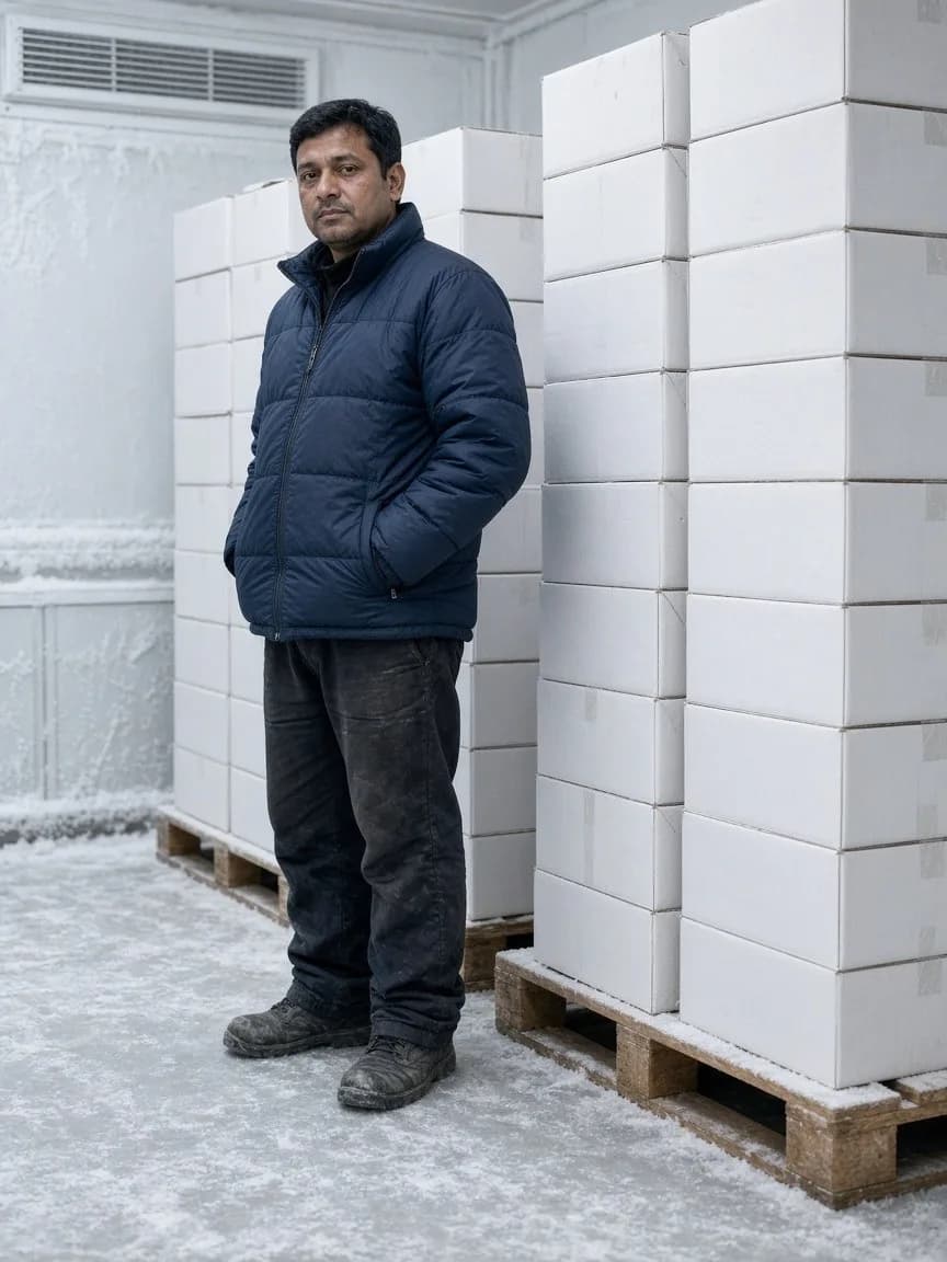 A technician beside frozen healthcare cartons in a bright low temperature room