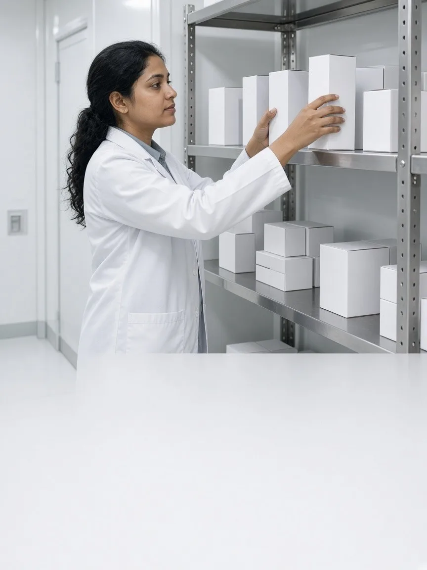 A pharmacist arranging unmarked medicine cartons in a bright chilled room