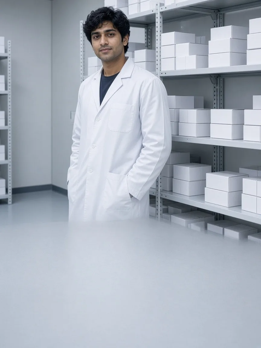 A healthcare worker beside plain vaccine boxes in a bright cold room