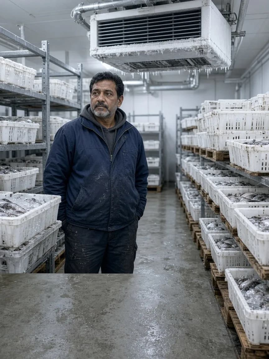 A worker walking a tall bright aisle with gaps between seafood crates and pallets