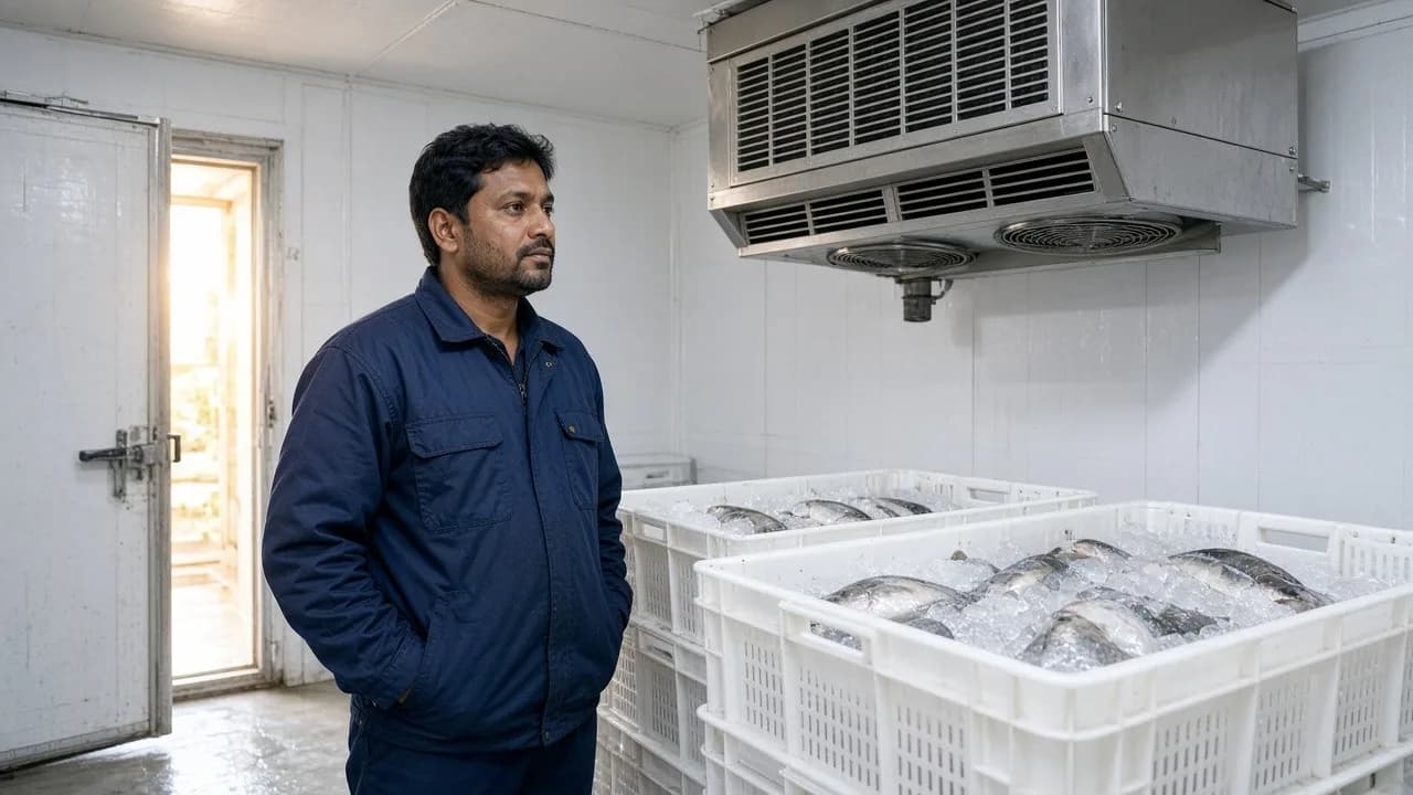 A technician beside seafood crates and a ceiling evaporator in a bright cold room