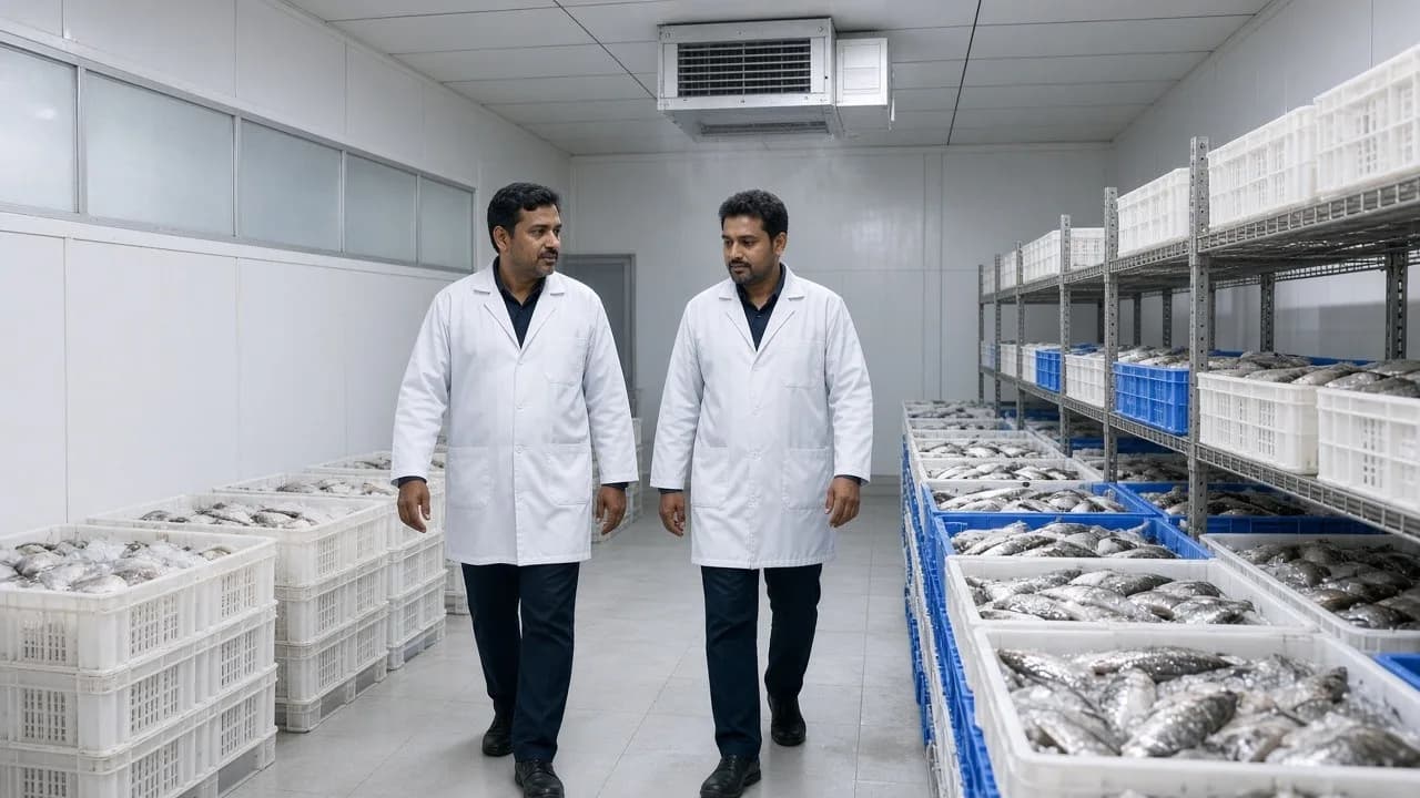 Workers among fish crates on ice inside a bright chilled seafood room