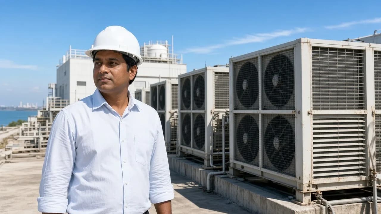 An engineer beside outdoor refrigeration plant at a coastal seafood facility under a bright hot sky