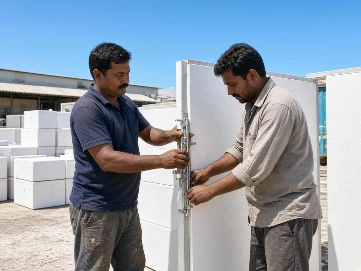 Two workers locking white insulated panels at a sunny seafood plant