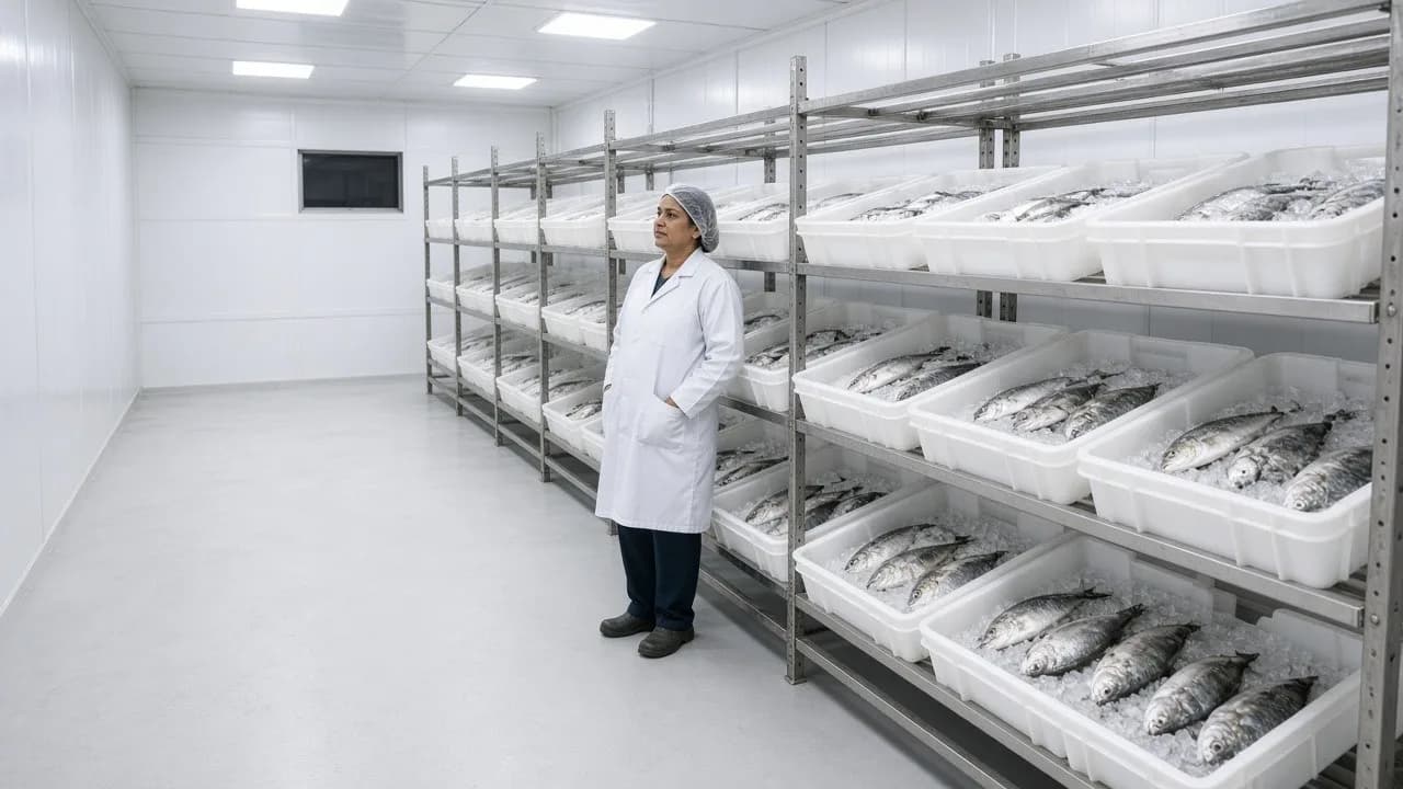 A worker beside crates of fresh fish on ice in a bright seafood cold room