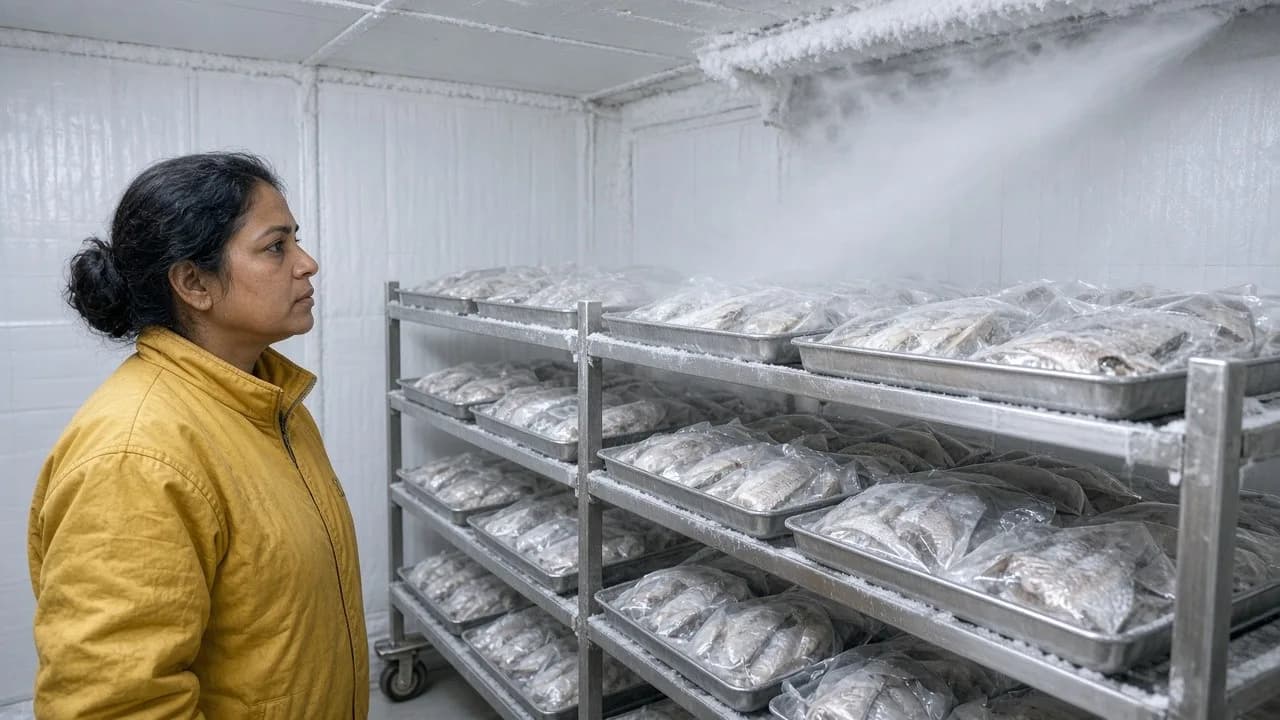 A technician watching packaged seafood on racks inside a bright blast freezer