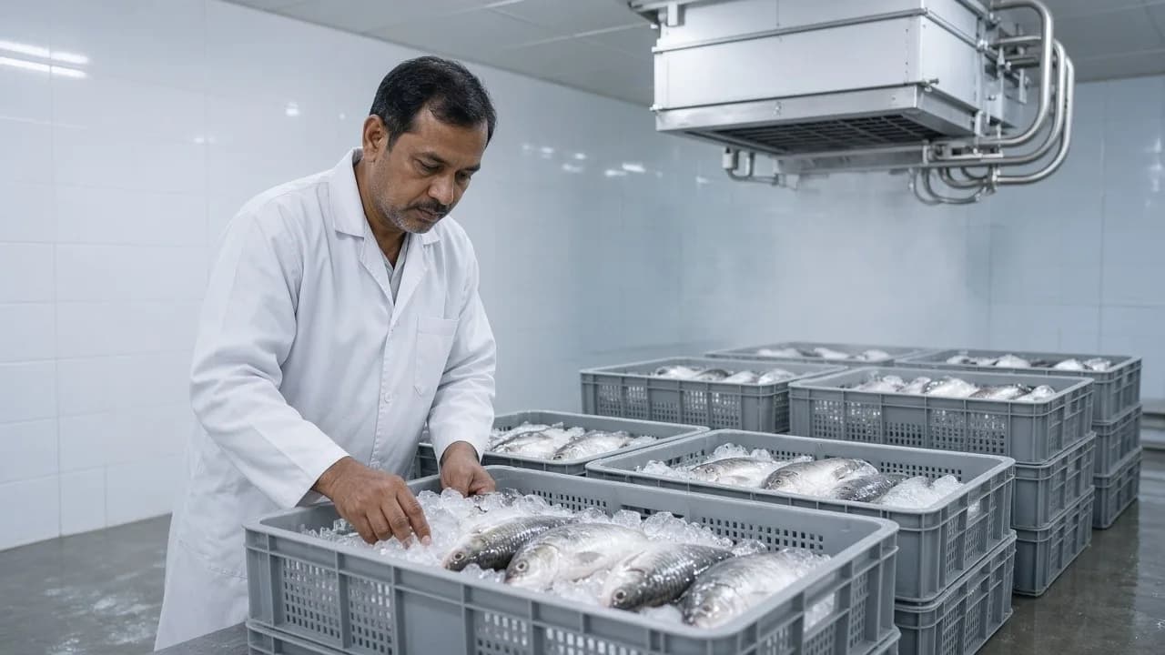 A worker beside fish crates on ice in a bright chilled seafood room