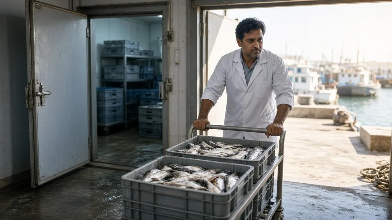 Workers moving seafood crates from a cold room toward a bright loading dock
