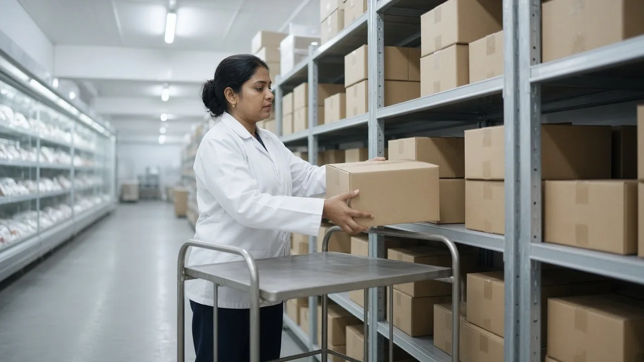 A picker selecting seafood cartons from a bright refrigerated rack