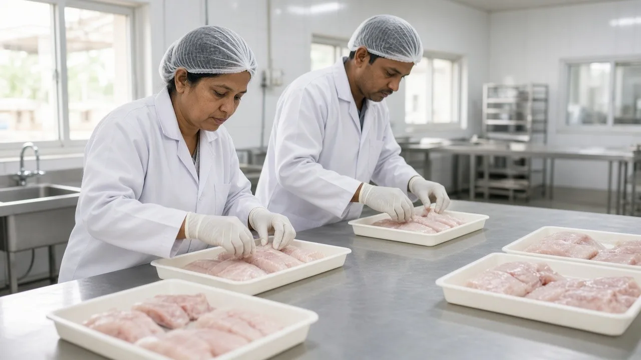 Workers packing fish portions on a clean stainless line in a bright room