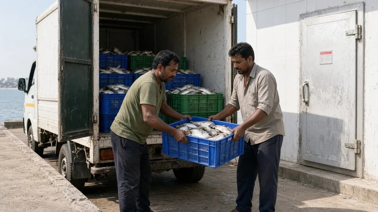 Workers receiving crates of fresh fish at a bright coastal loading dock