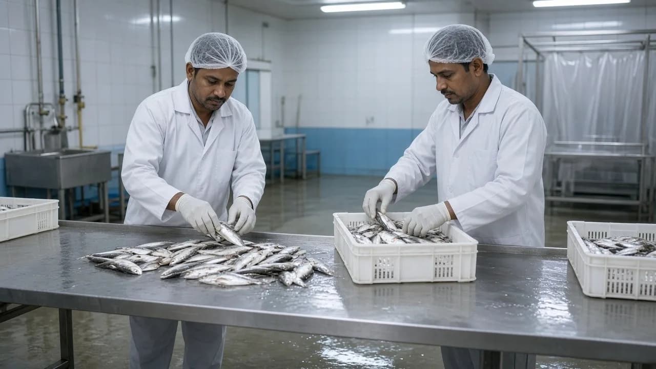 Workers sorting fresh fish on a stainless table in a bright processing room