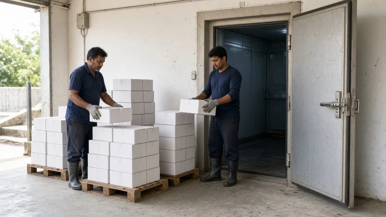 Workers staging pallets of seafood cartons beside a cold room door
