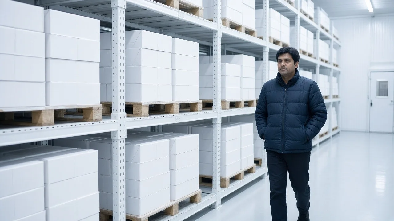 A worker in a bright freezer aisle of frozen seafood cartons