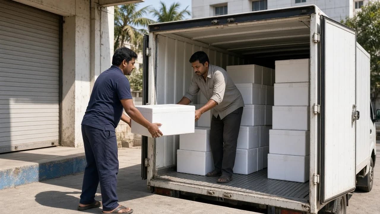 Workers loading seafood cartons into a white refrigerated truck at a bright dock