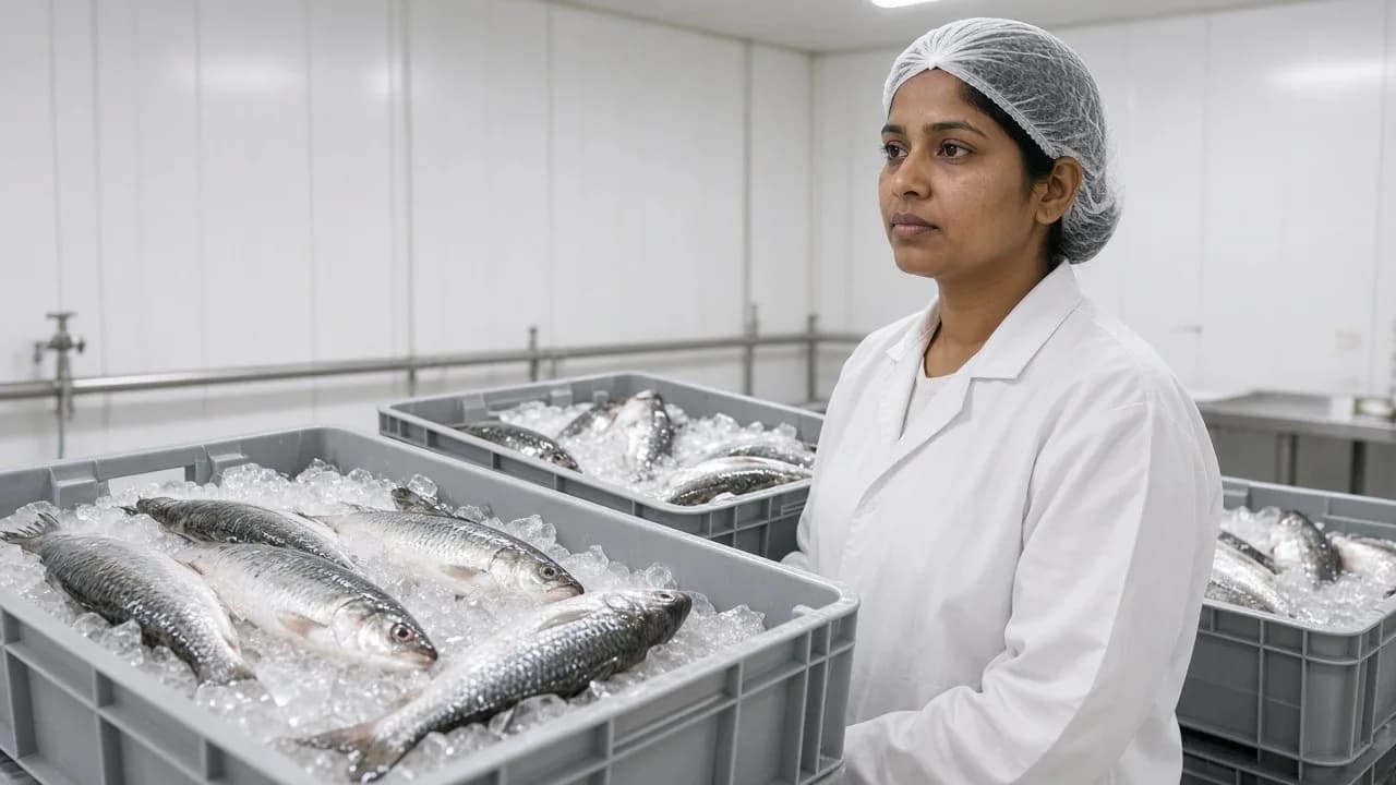 A worker with crates of fresh fish on ice in a bright chilled room