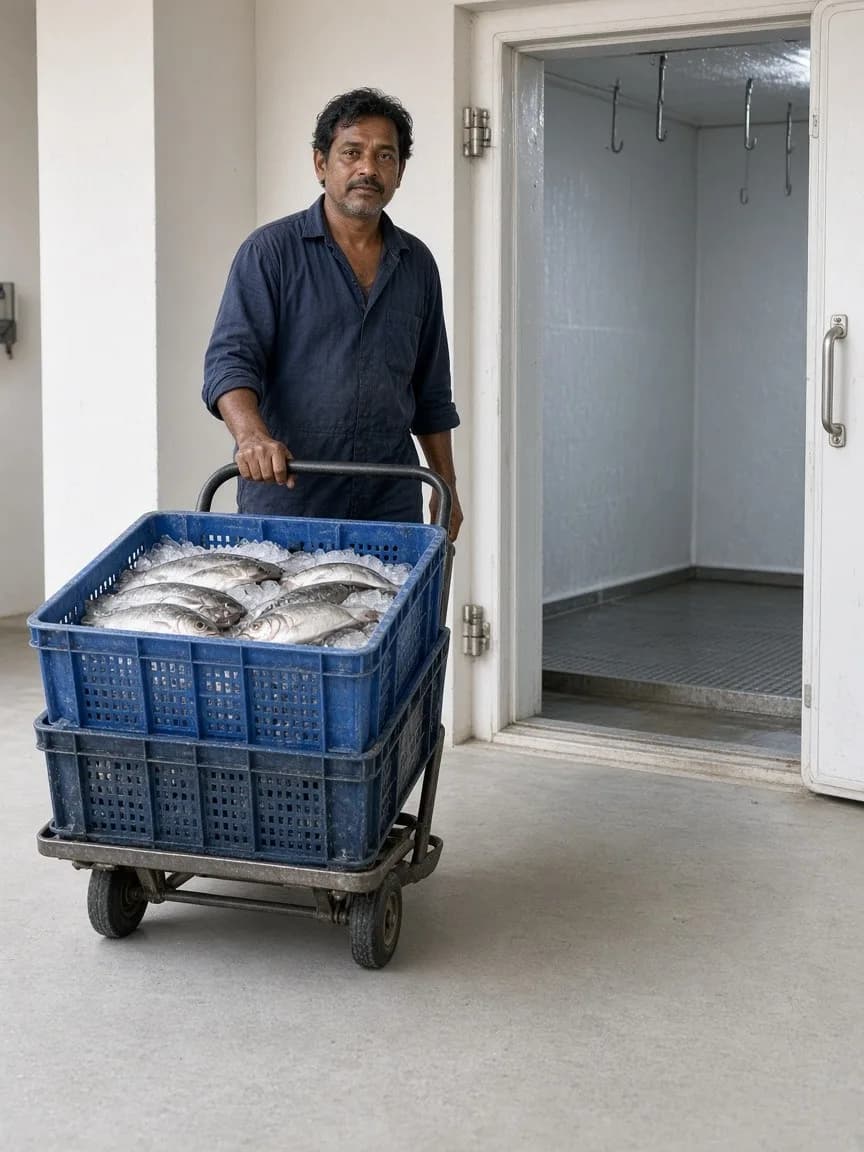 A worker with seafood crates waiting at a cold room door in a bright ante room