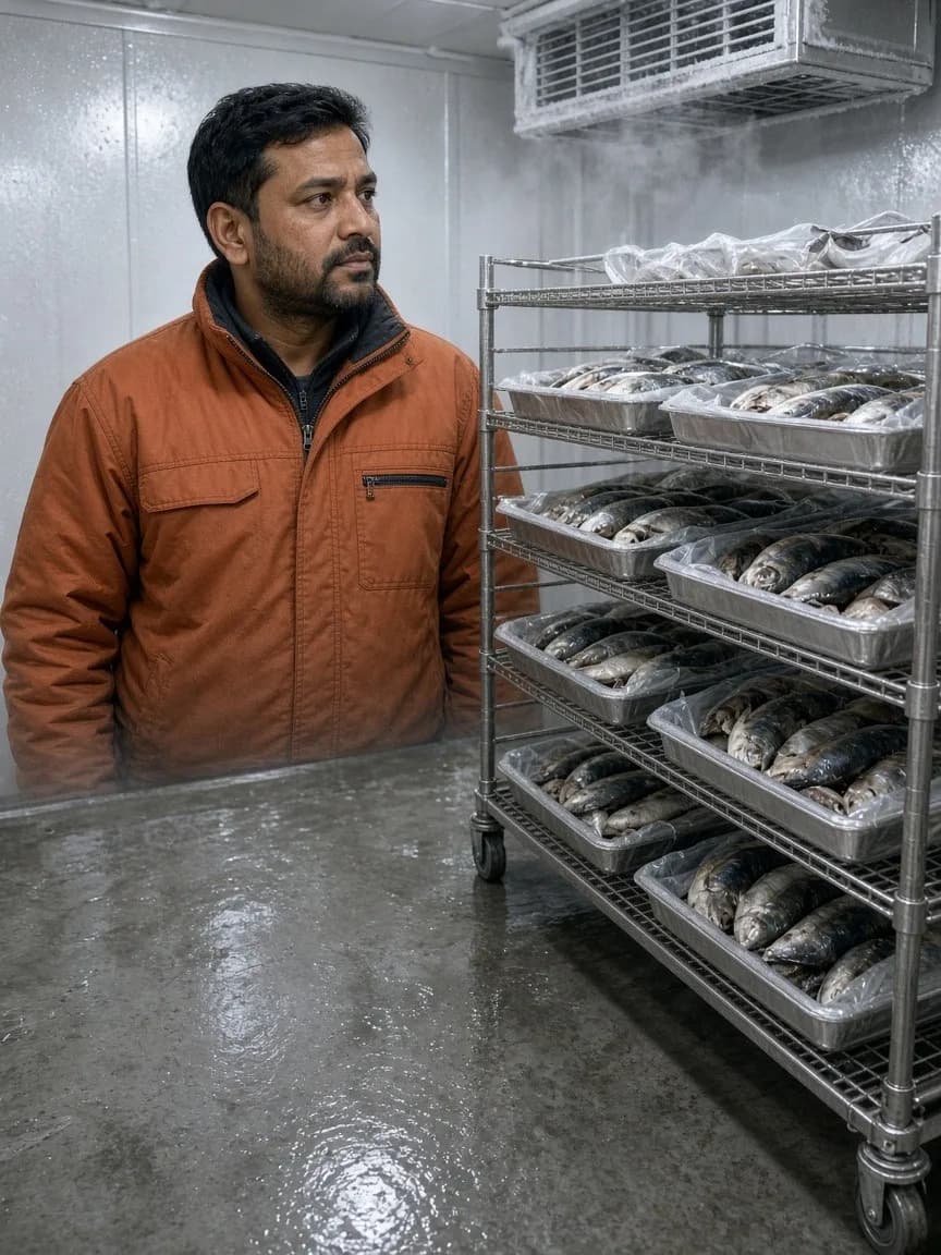 A technician beside racks of packaged seafood in a bright blast freezer