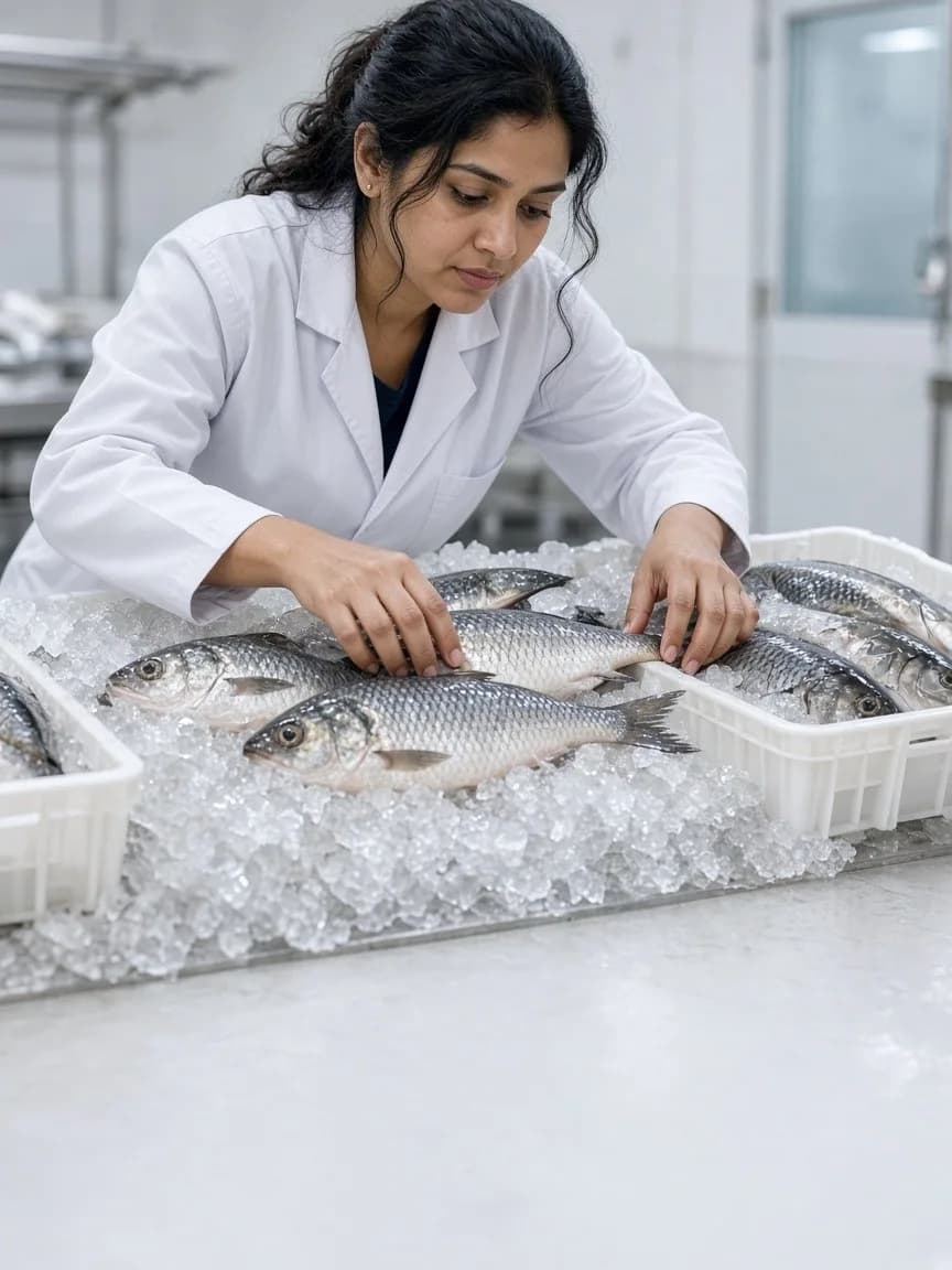A worker arranging fish crates on ice in a bright chilled seafood room