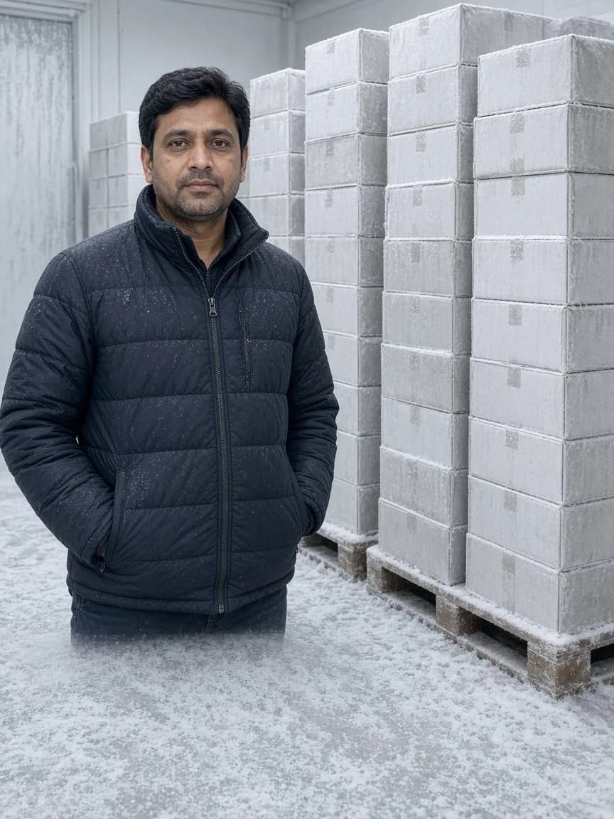 A worker beside frozen seafood cartons in a bright low temperature freezer