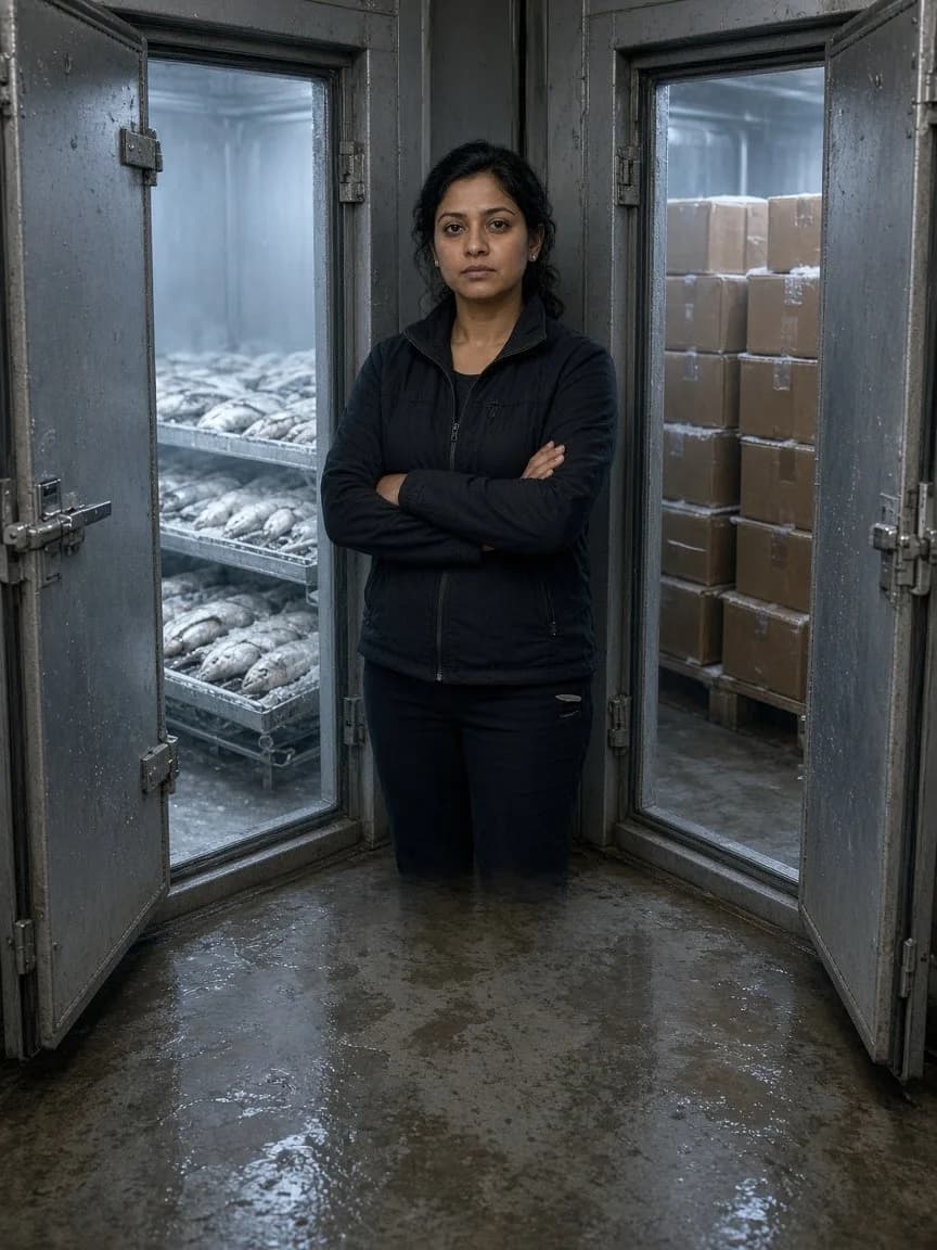 A supervisor between a chilled seafood room and a frozen seafood room