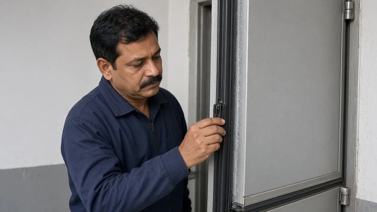 A worker checking a freezer room door seal in India