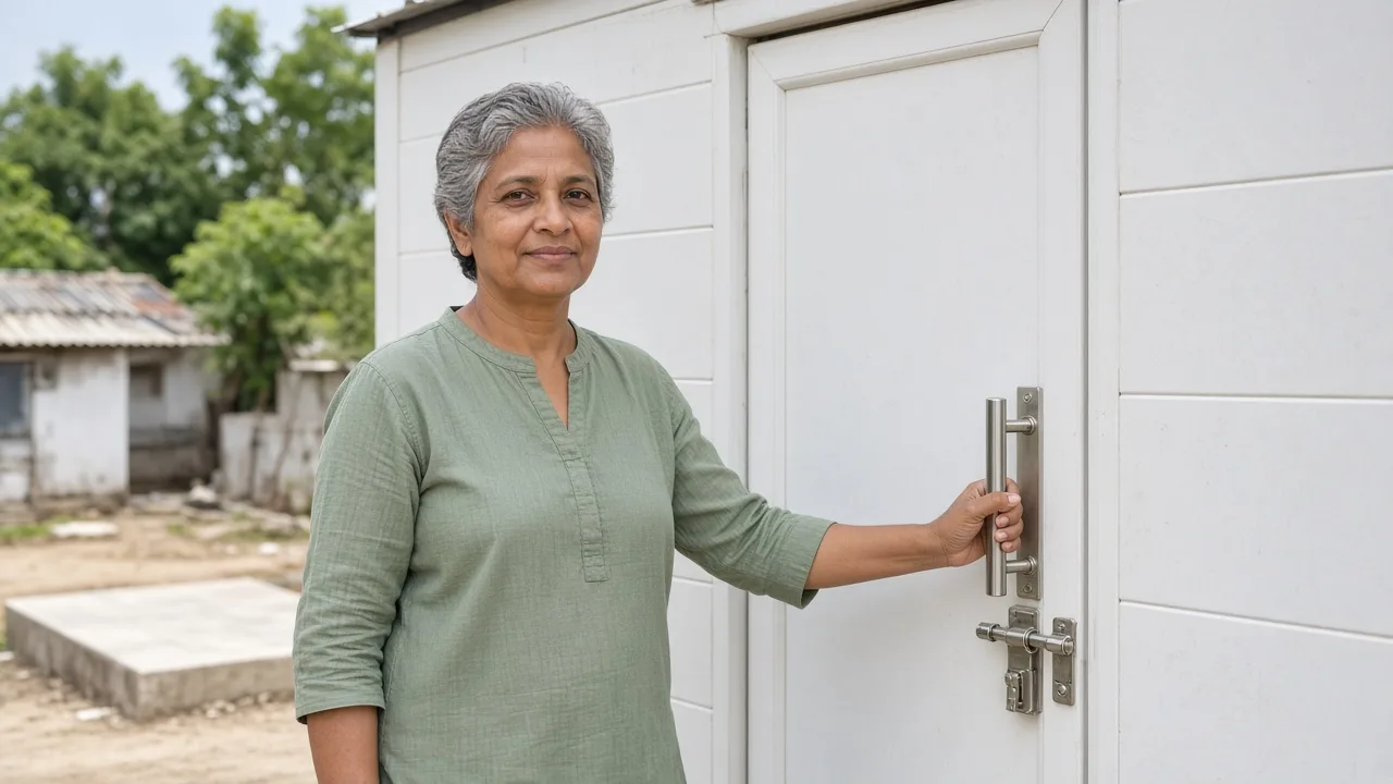 A worker beside a modular cold room in India
