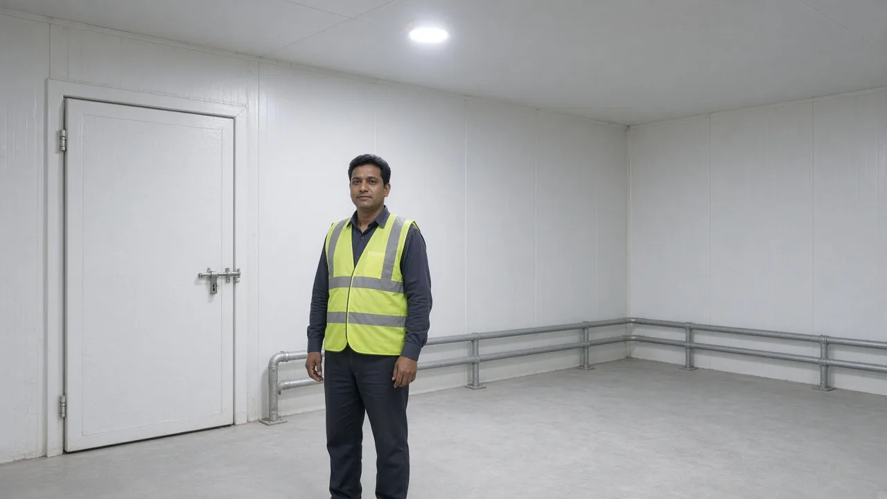A worker in a large Indian cold storage room