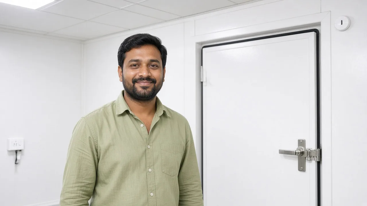 An Indian engineer beside cold room door hardware in daylight