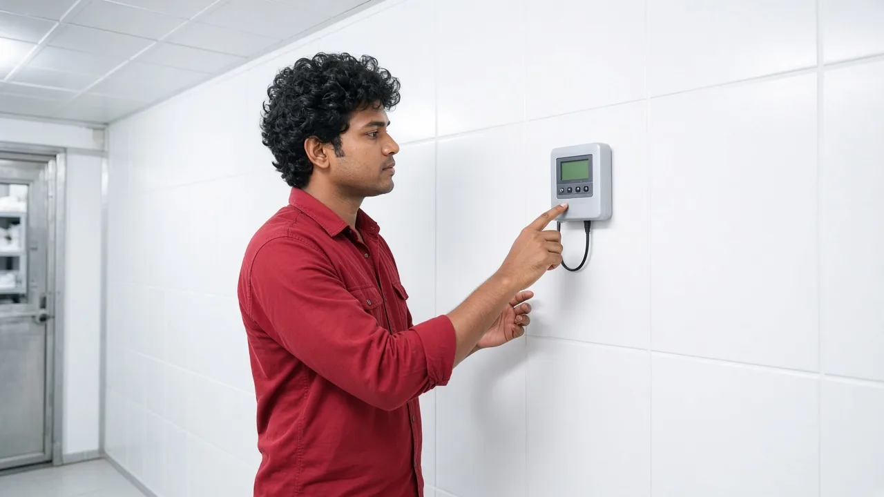 A worker checking a sensor inside a brightly lit Indian cold room