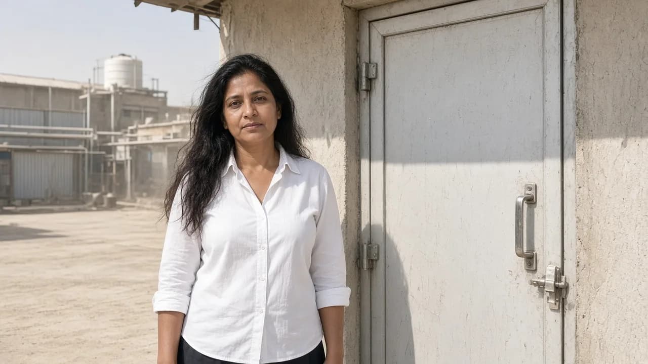 An engineer beside a cold room door in Indian sunlight