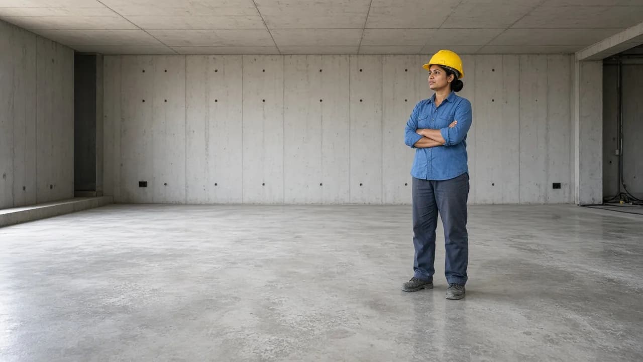 A worker on a prepared floor at an Indian cold room site