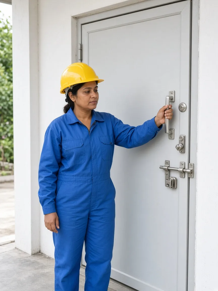 A technician fitting cold room door hardware in India