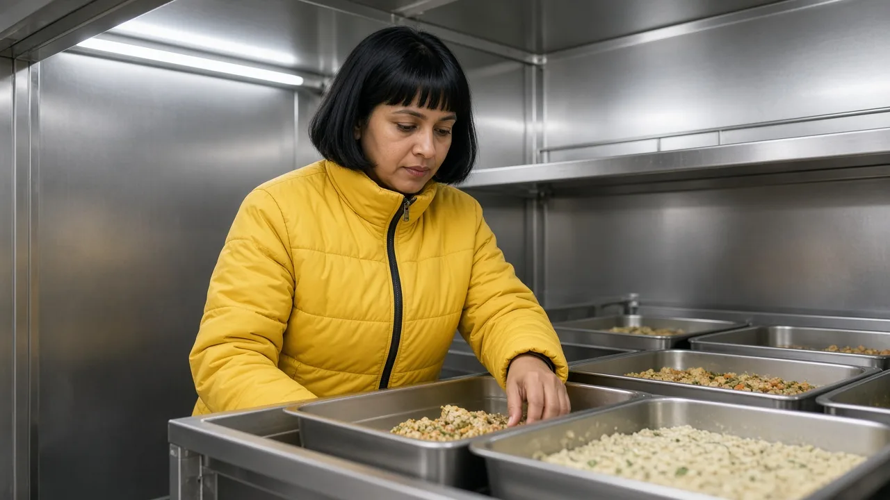 A worker checking trays inside an Indian blast chiller